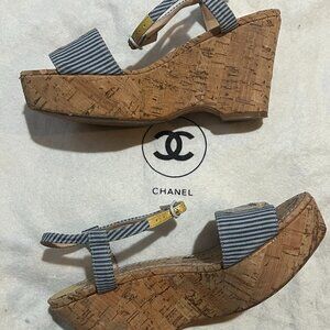 CHANEL Resort Cork Wedges Blue Striped Yellow CC Ankle Strap Shoes 36 6